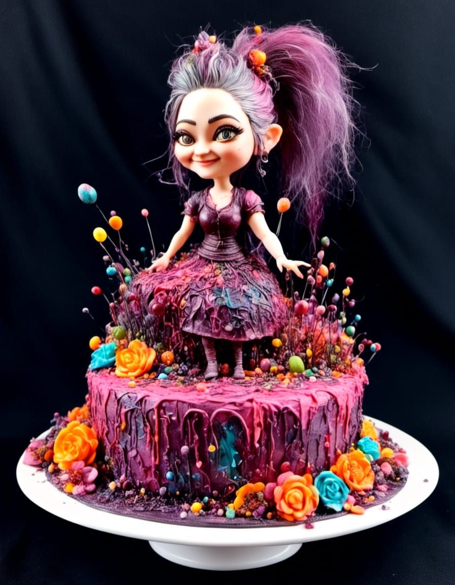 Chubby Pixie Woman Presents Birthday Cake in Alcohol Ink Sty...