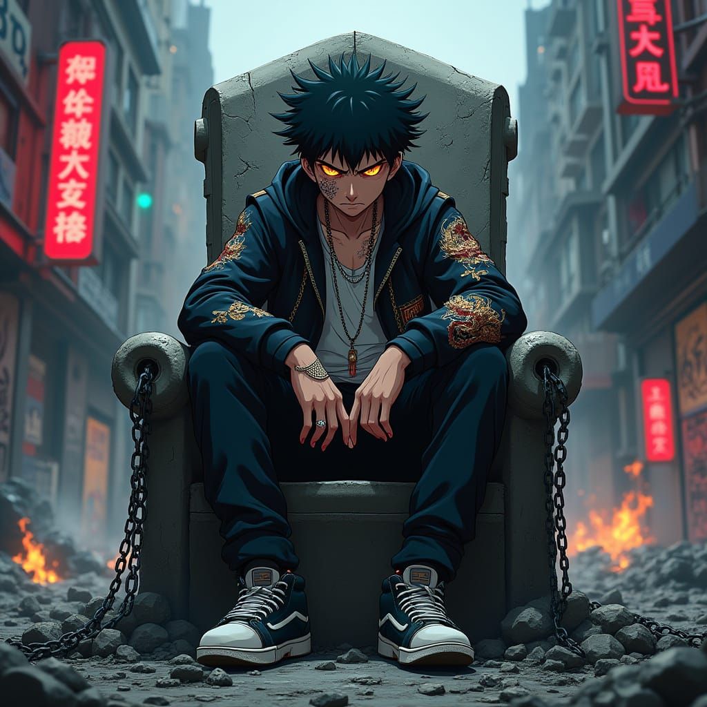 Anime Boy on Concrete Throne with Golden Eyes