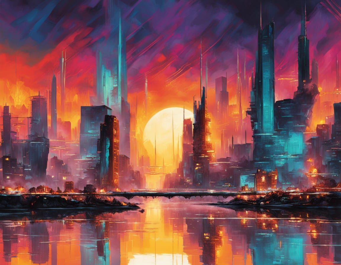 Vibrant Futuristic Alien Cityscape Reflected in River