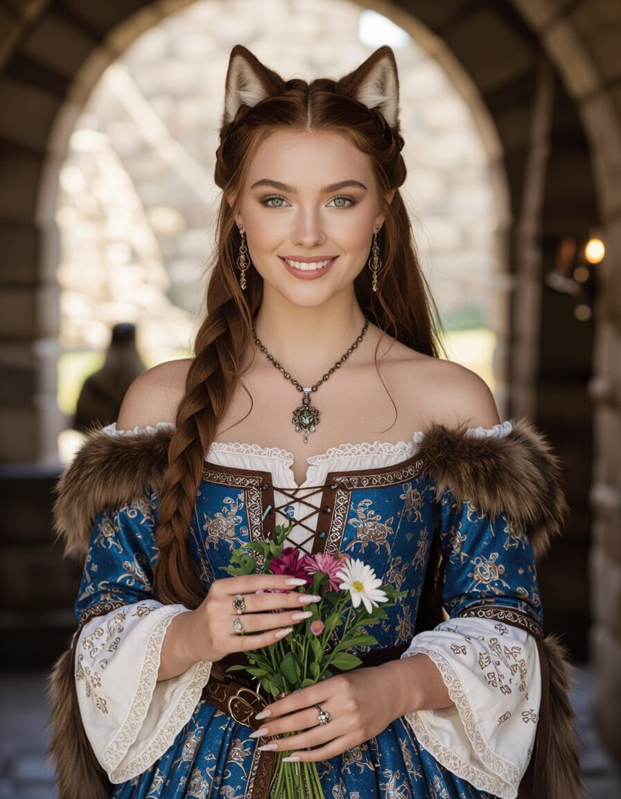 Viking Wolf Girl in Castle with Flowers