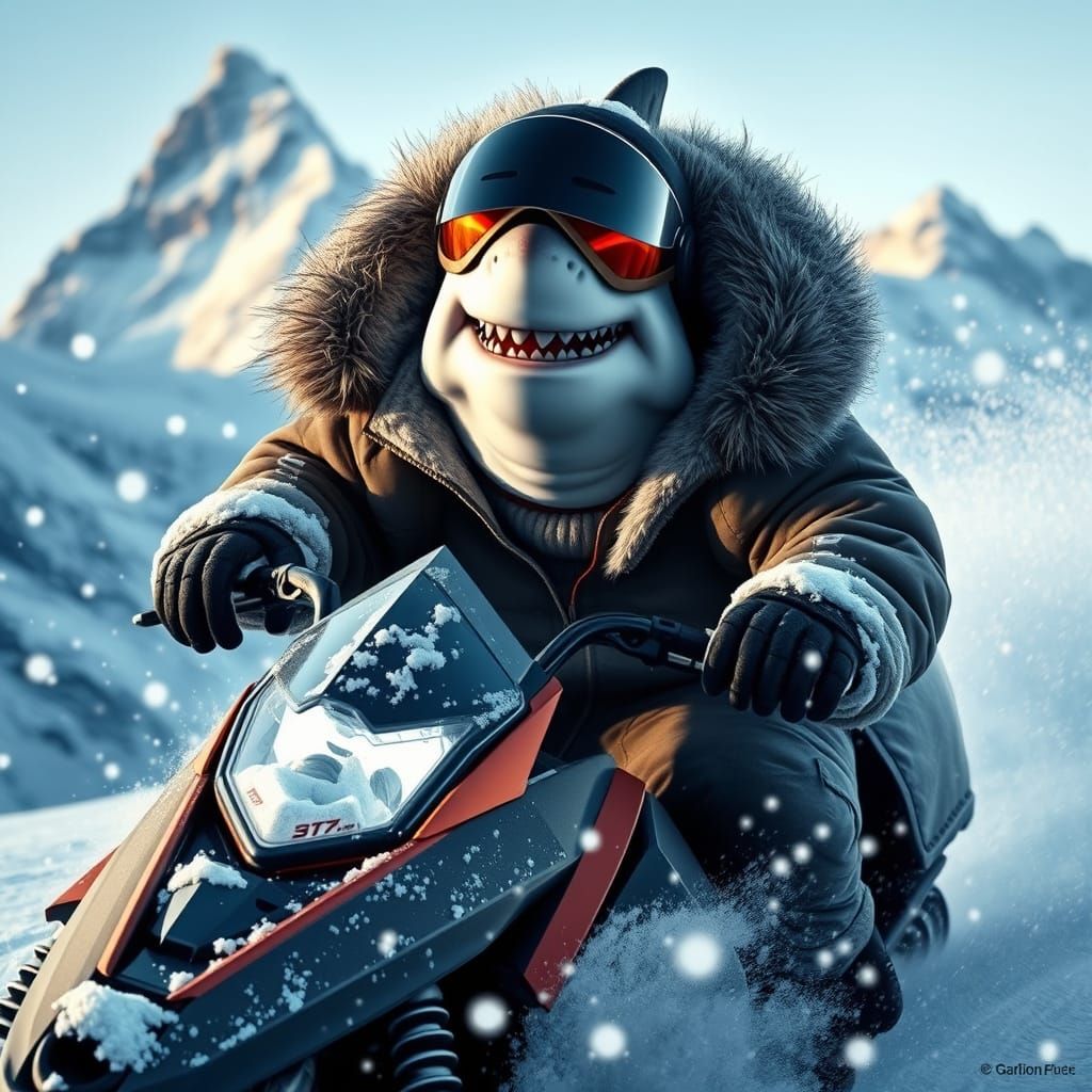 Surreal Winter Scene: Shark on Snowmobile Rides through the ...