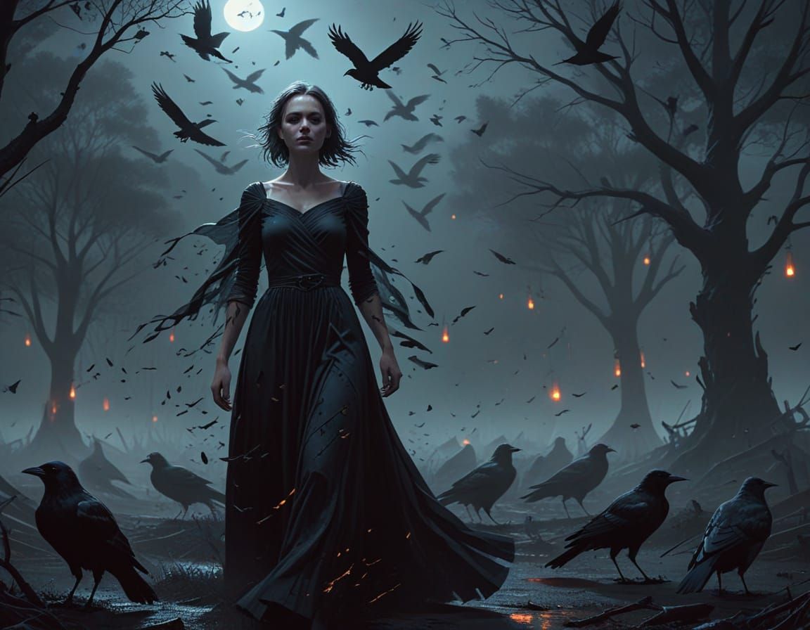 Mysterious Woman in Black Dress with Crows