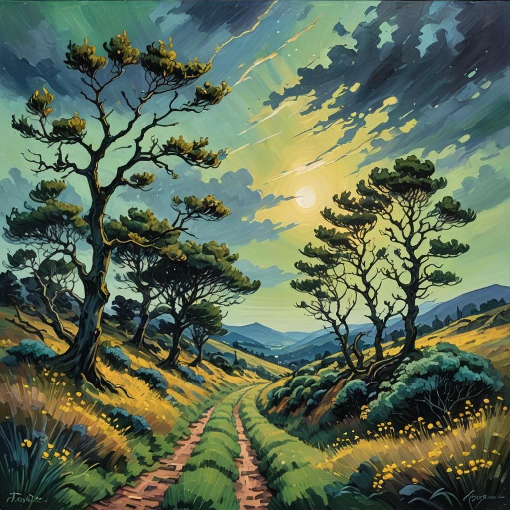 Road to Dark Skies: Neo-Impressionist Oil Painting