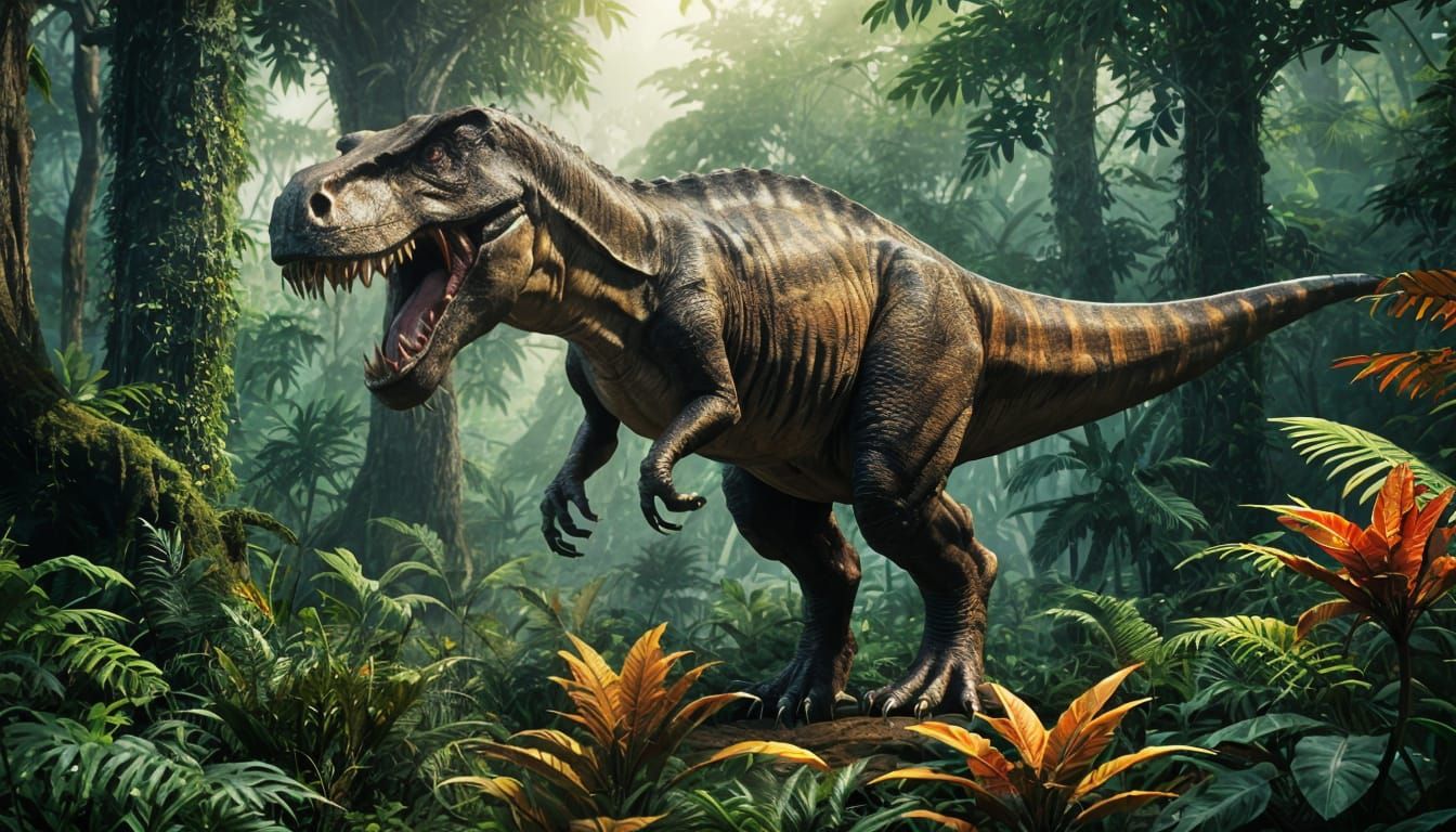 A towering T-Rex amidst lush jungles