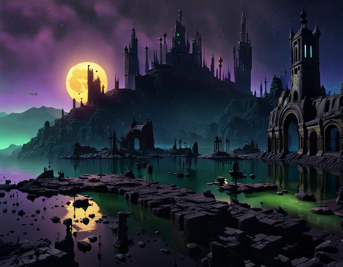 Decaying City on a Mysterious Lake at Sunset