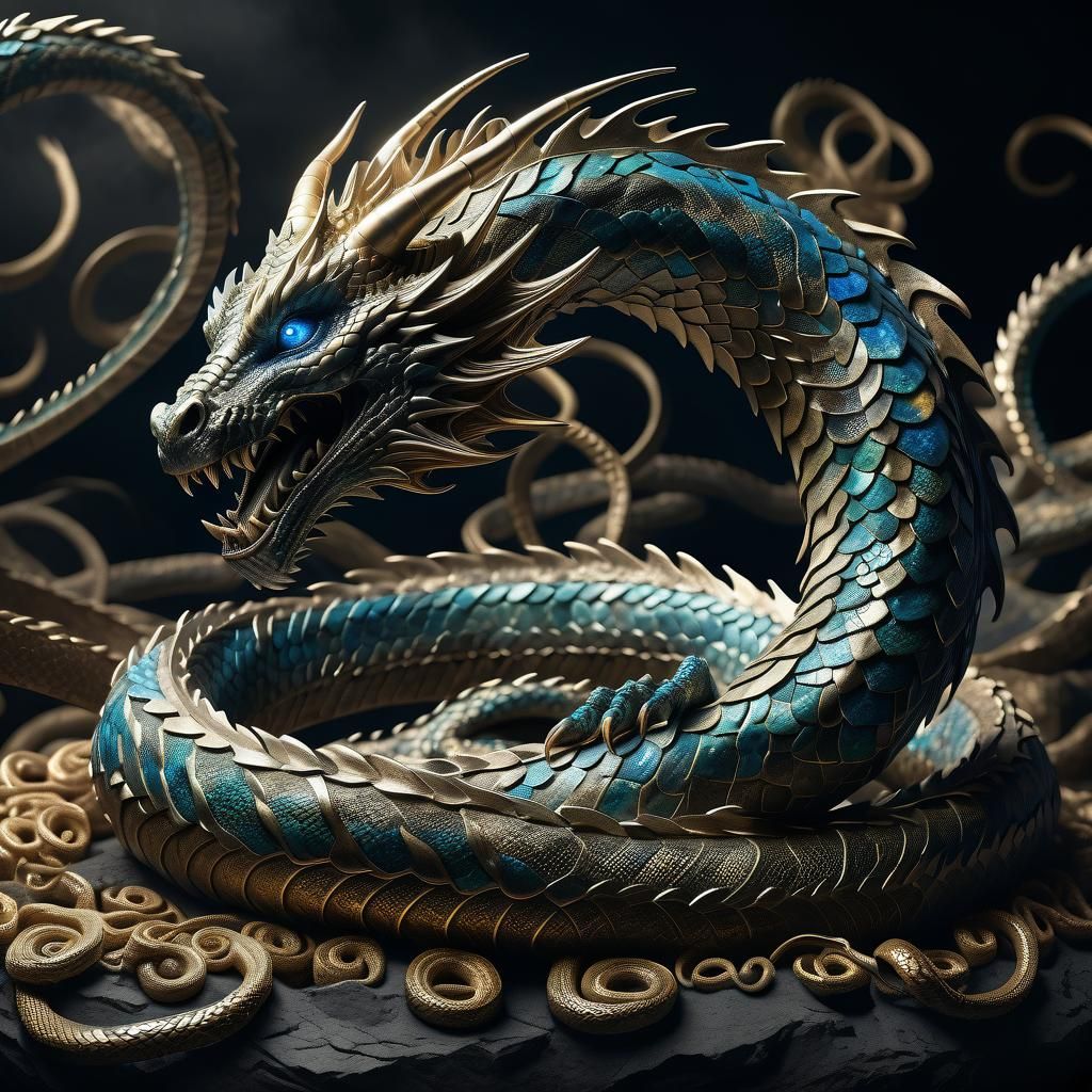 Coiled Serpentine Dragon in a Void: Digital Matte Painting