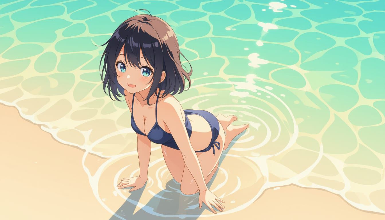 Anime Girl on Sunny Beach with Dynamic Pose