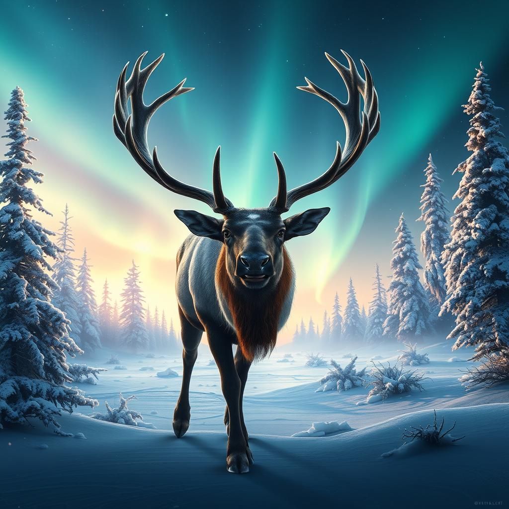 Majestic Caribou in Arctic Landscape, Digital Matte Painting