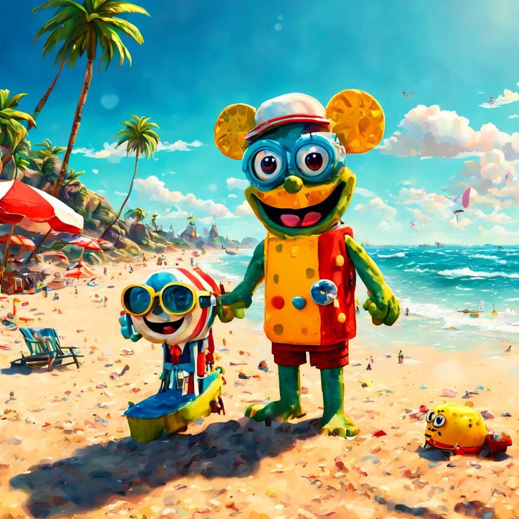 Realistic SpongeBob on a Beach in Comic Style