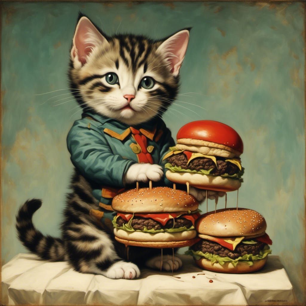 Kitten Enjoys Hamburgers in Playful Style