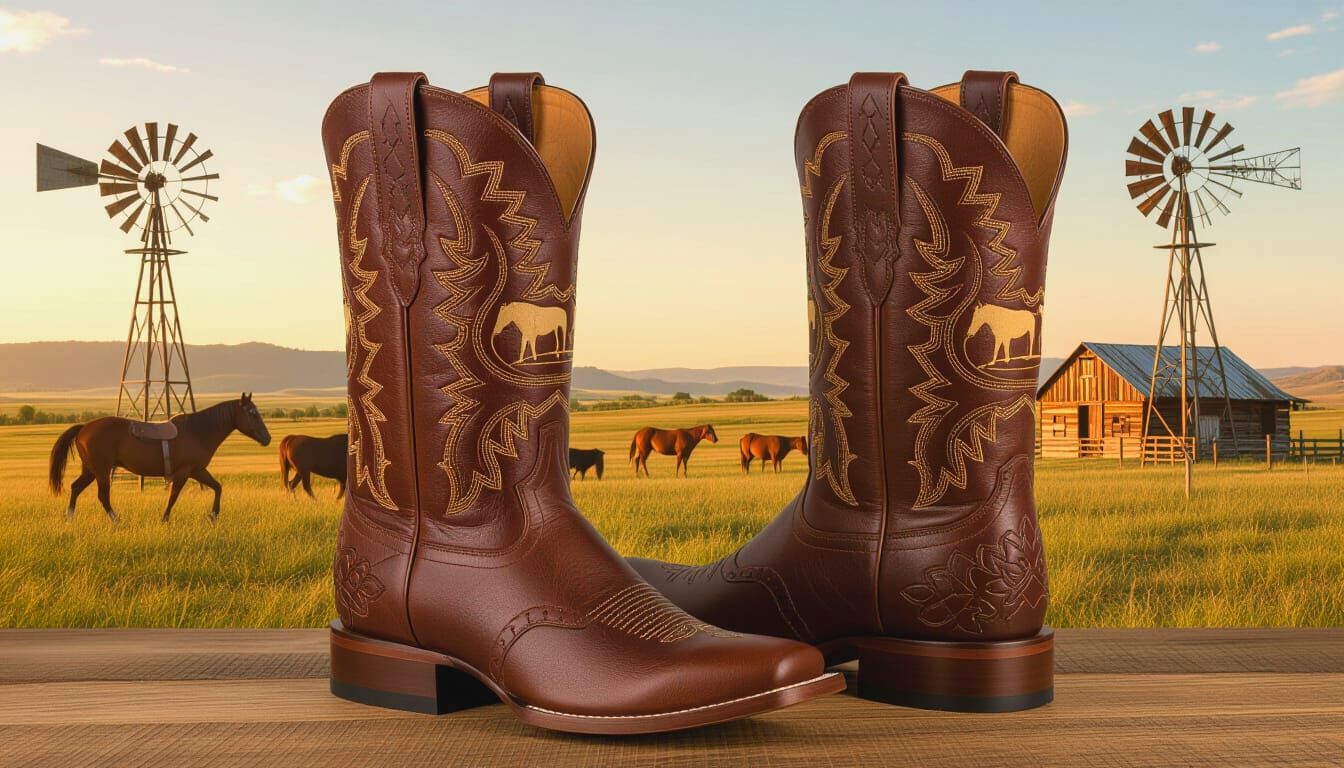 Handcrafted Leather Cowboy Boots Etched with Western Scenes