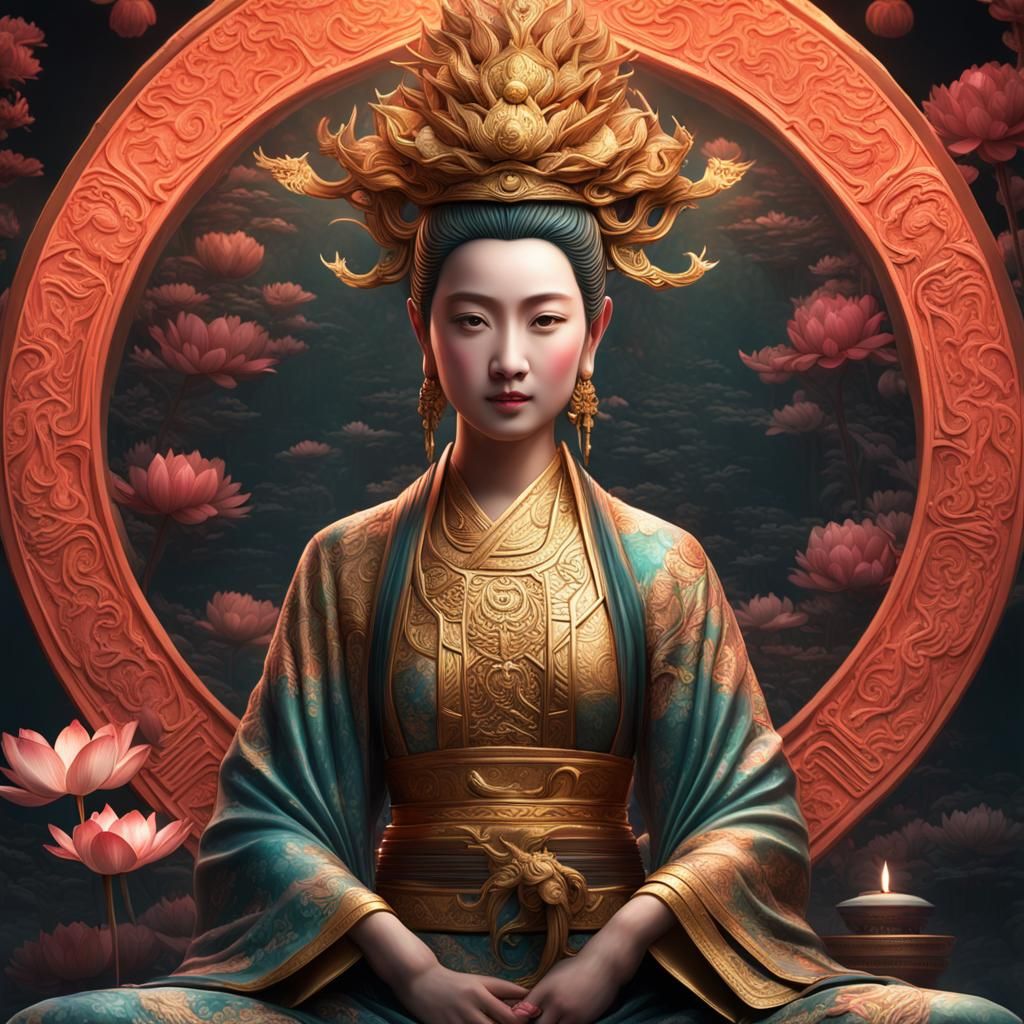 Goddess Kuan Yin with Lotus and Dragon
