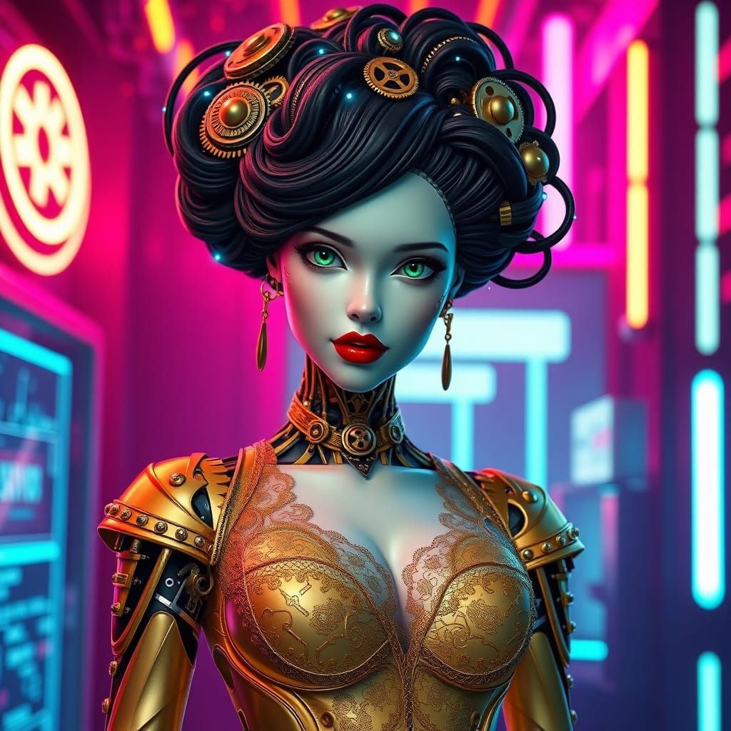 Steampunk Ladybot in a Cyberpunk Cityscape