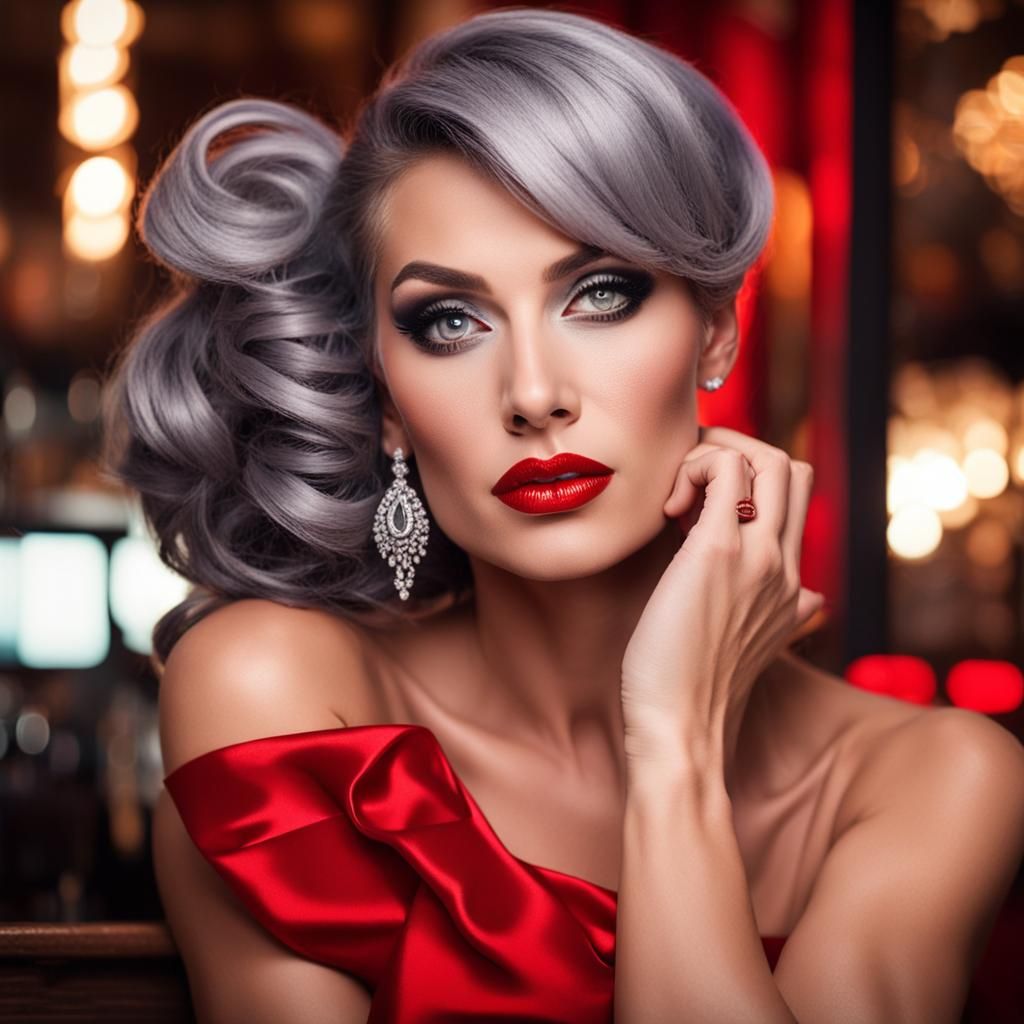 Stunning Woman with Grey Hair in Red Dress