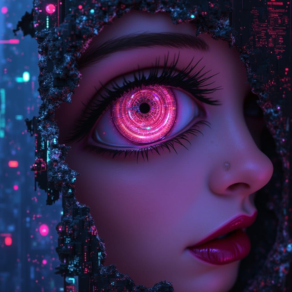Neon Cyberpunk Woman Peeking Through Glitch Screen