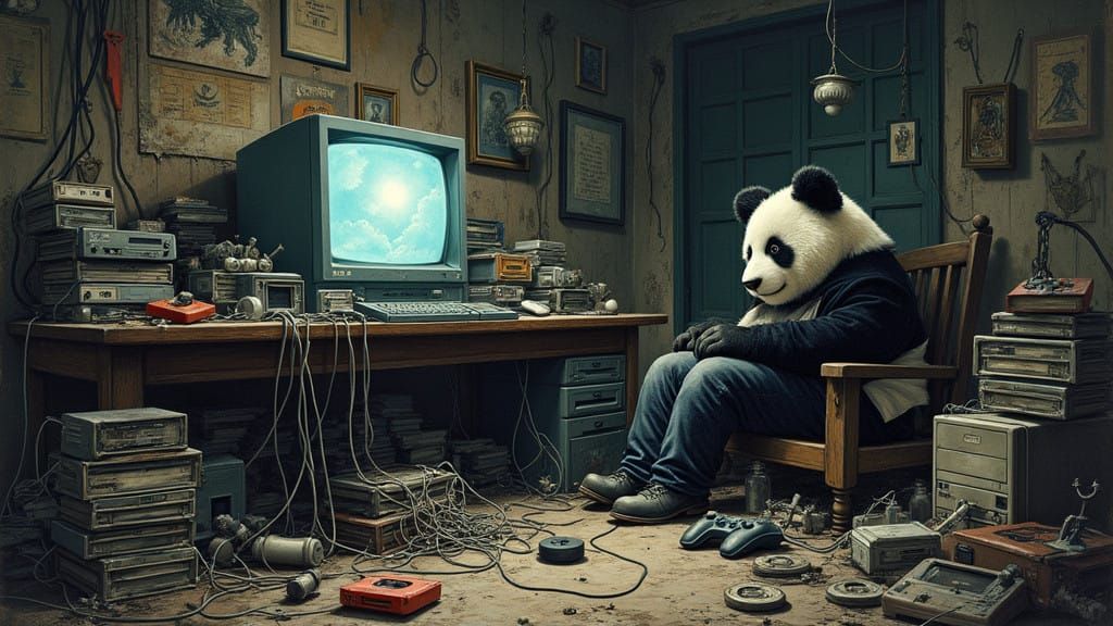 Gamer Surrounded by Gaming Chaos in Dark Fantasy Aesthetic