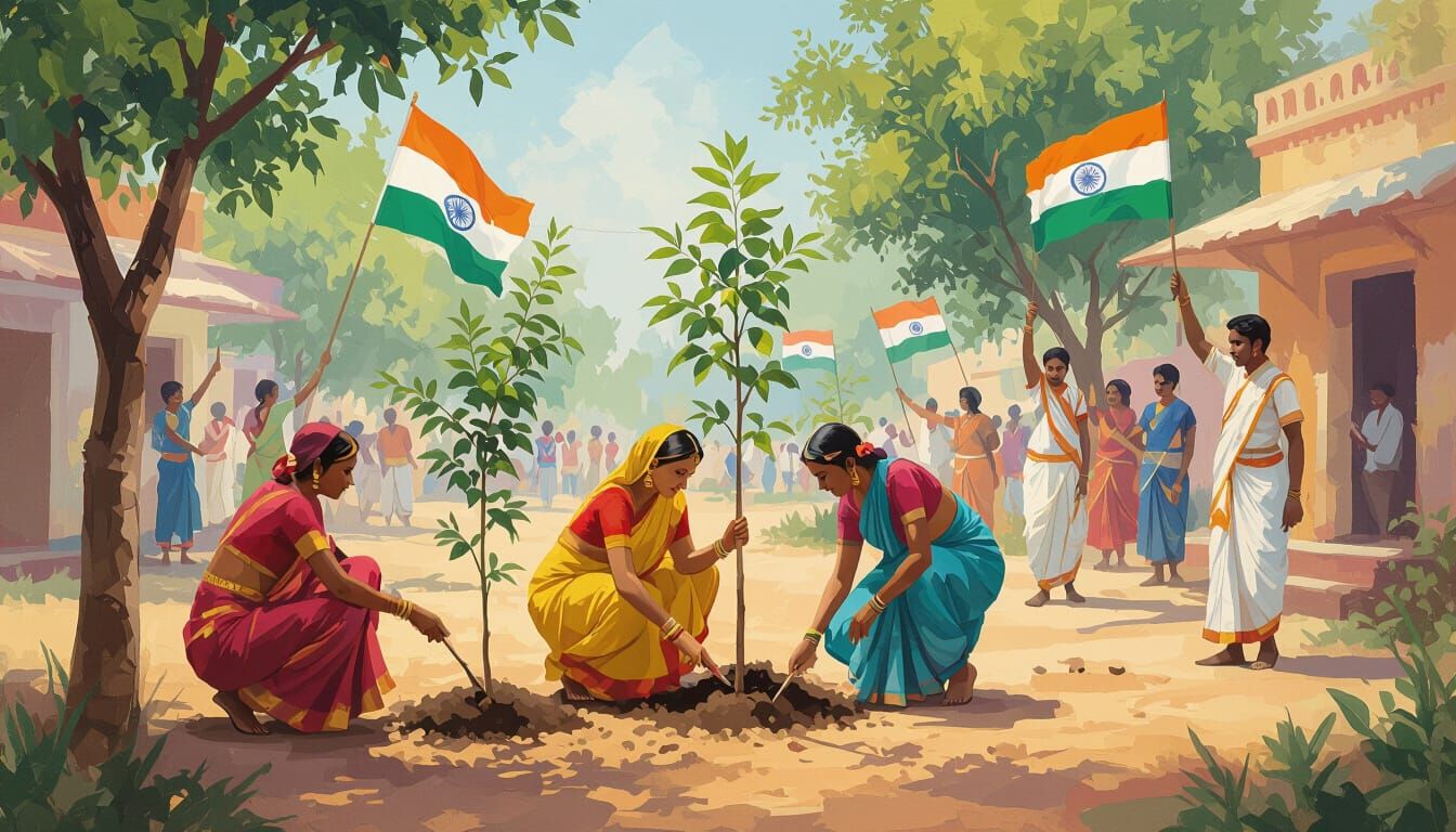 Patriotic Indians Planting Trees in a Vibrant Community