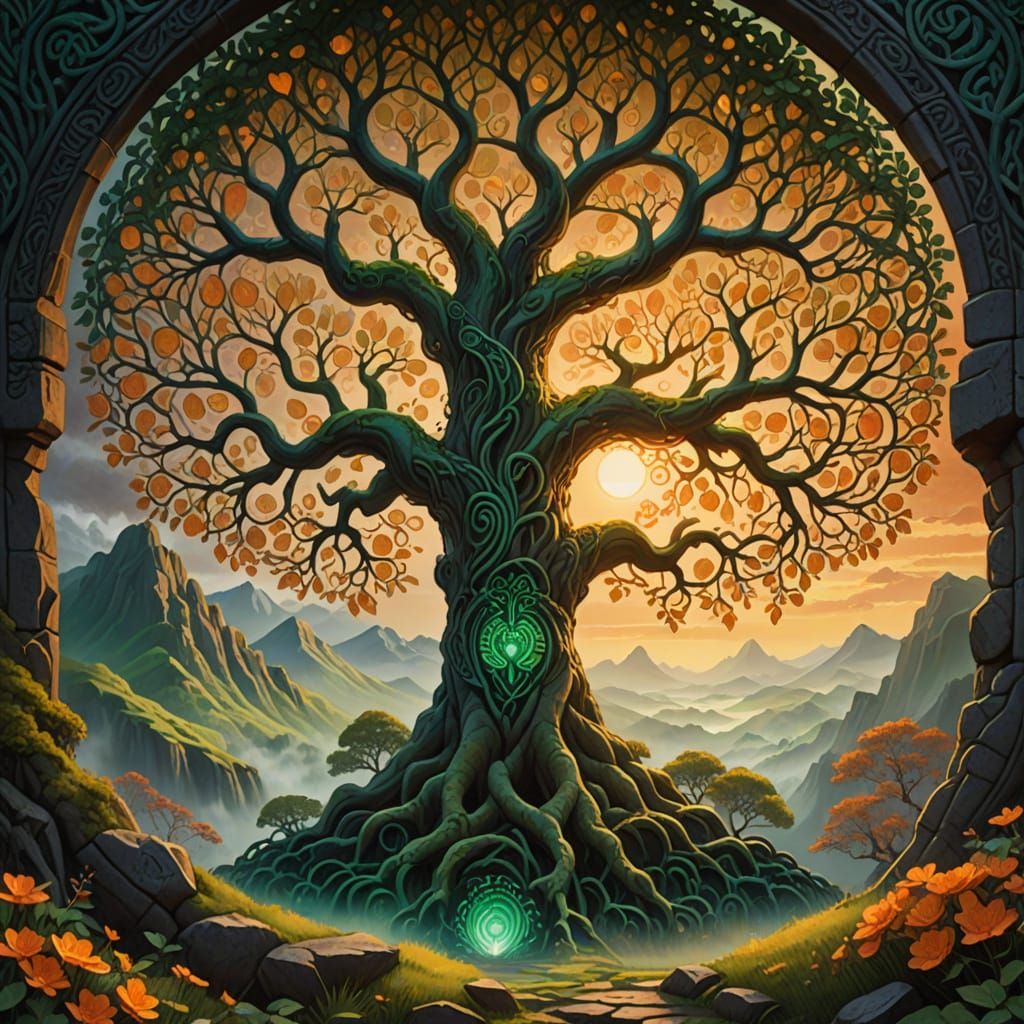 Surrealistic Tree of Life in Gothic Style at Sunrise