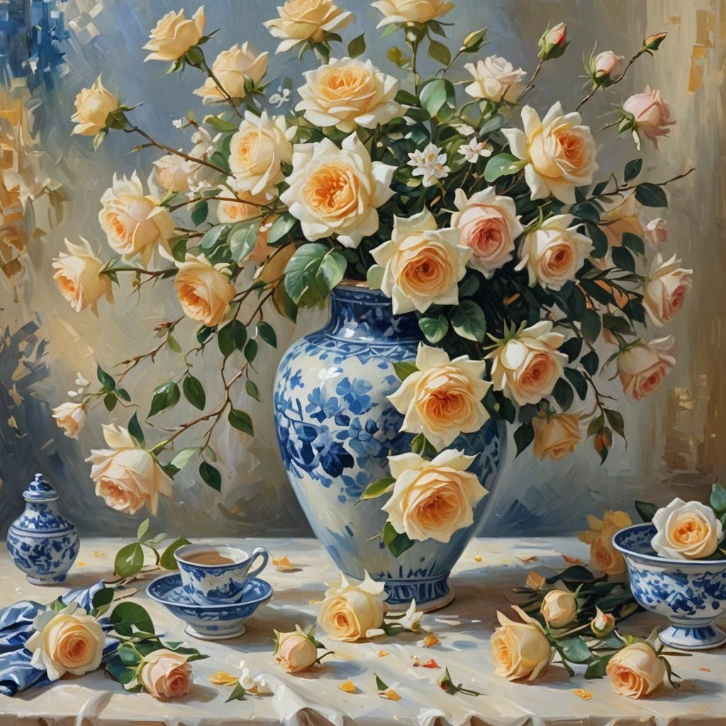 Floral Still Life with Delft Vase in Impressionist Style