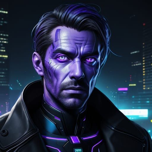 Man Confronts AI in Surreal Cyberpunk Cityscape