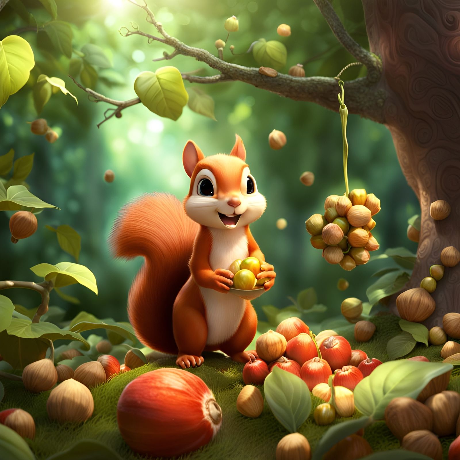 Supercute Squirrel Hoarding Hazelnuts as 3D Digital Art