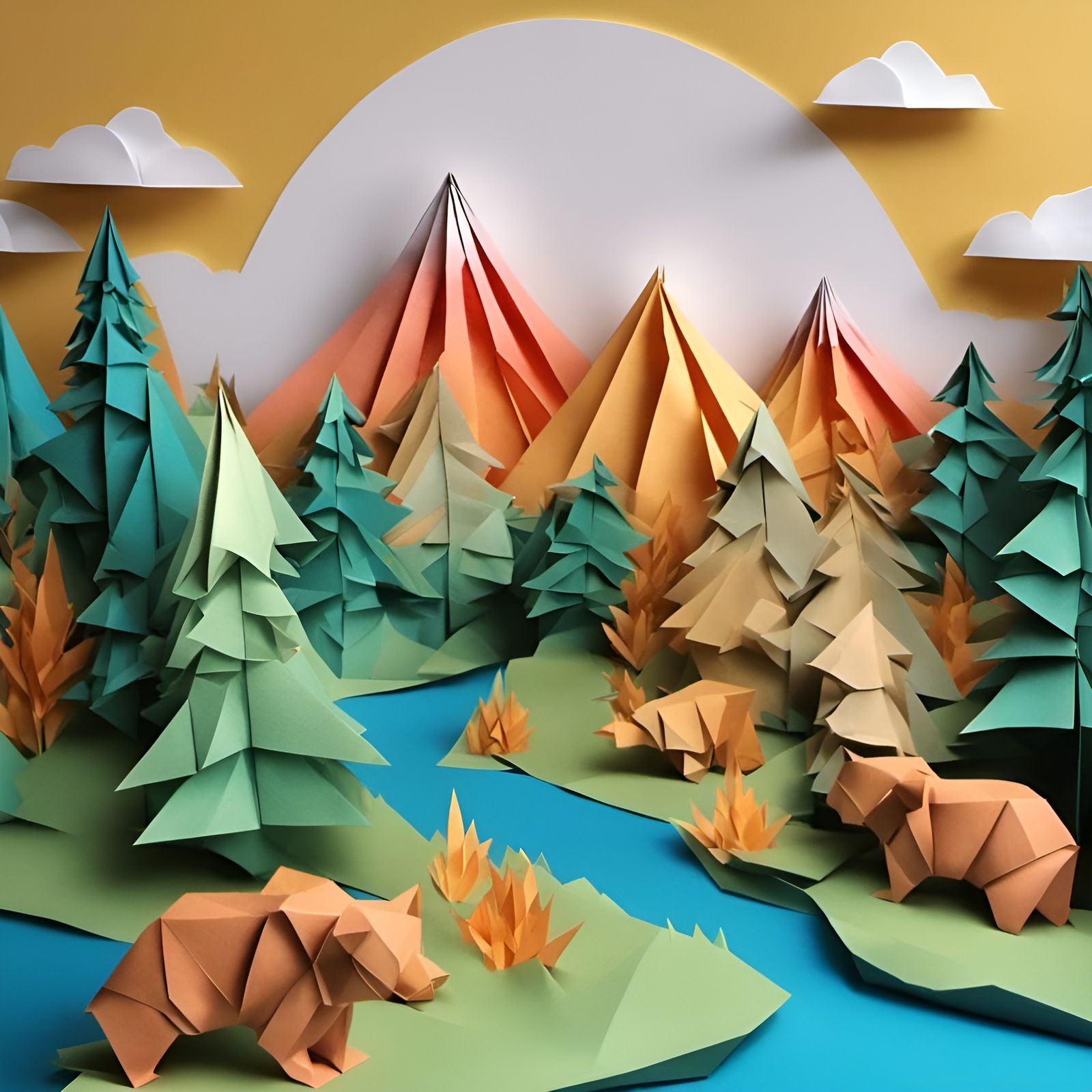 Origami Landscape with Bears at Sunset