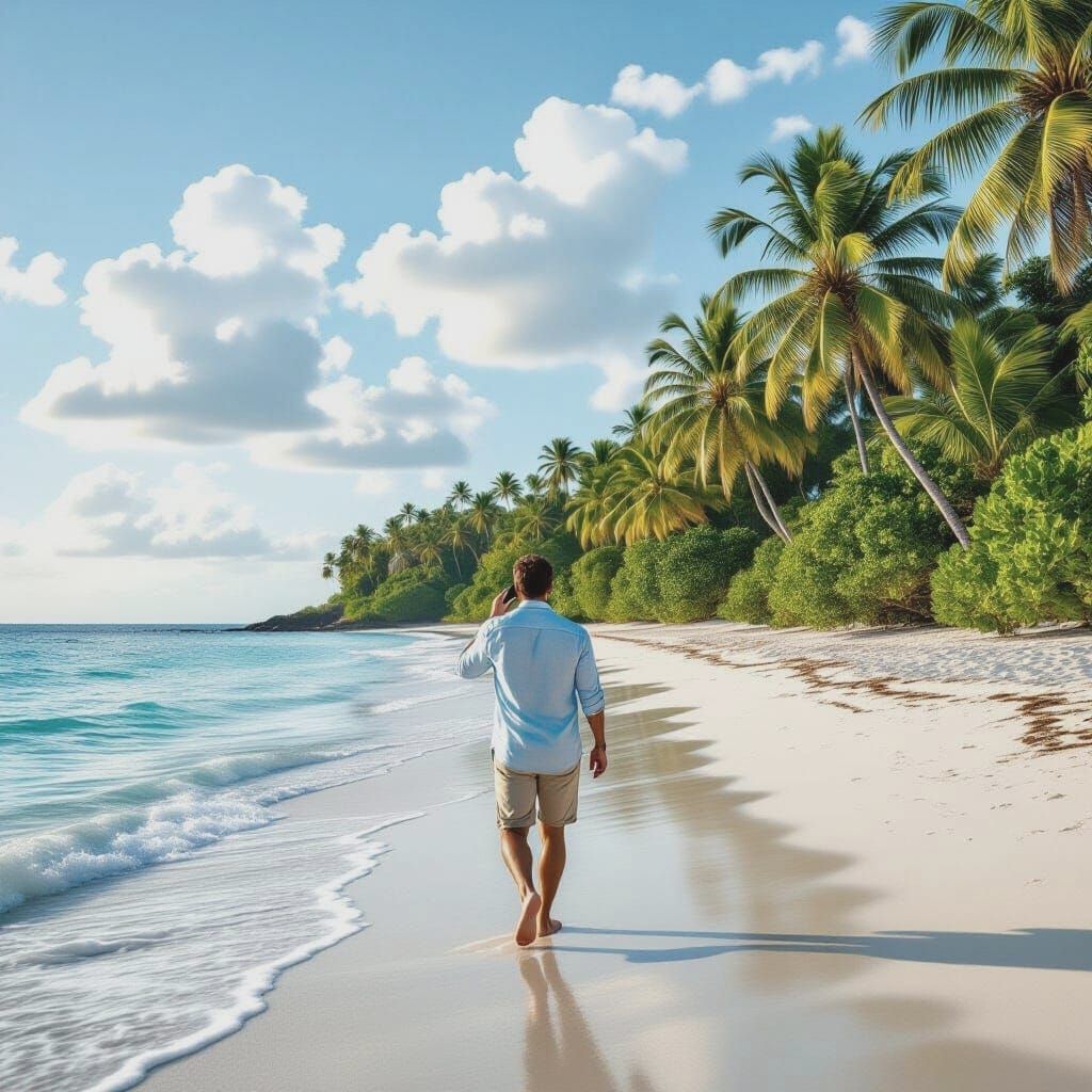 Man on Tropical Beach Talking on Phone
