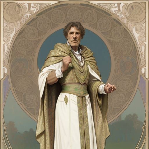 Heroic leader, textured BROCADE cloak, speaking in field, Alphonse Mucha, Paul Fragonard 8K resolution