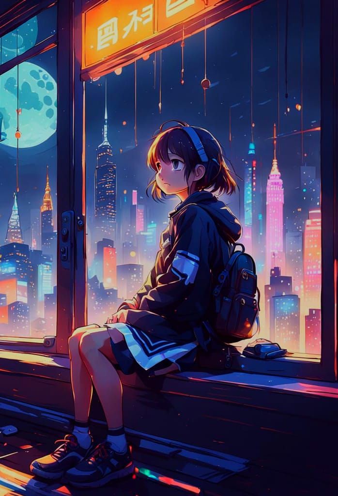 Mysterious Girl Contemplates Neon Cityscape in Twilight