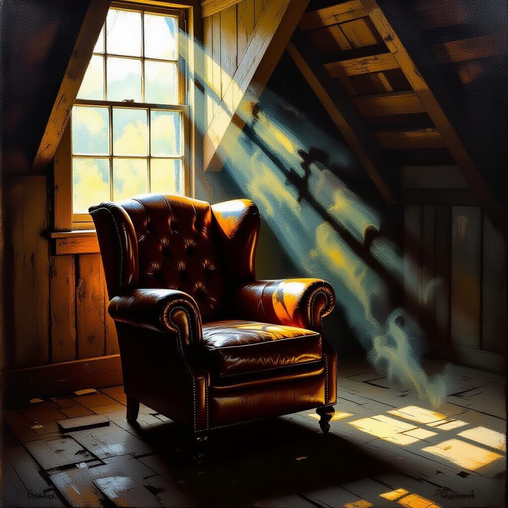 Weathered Armchair in Dusty Attic Oil Painting