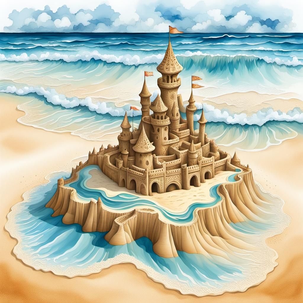 Detailed Sand Castle Masterpiece on a Beach