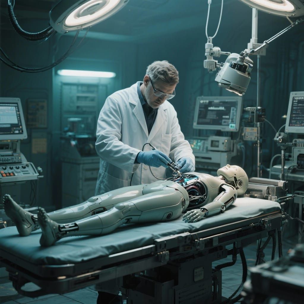 Doctor Engineer Works On Replicant In Dystopian Operating Ro...