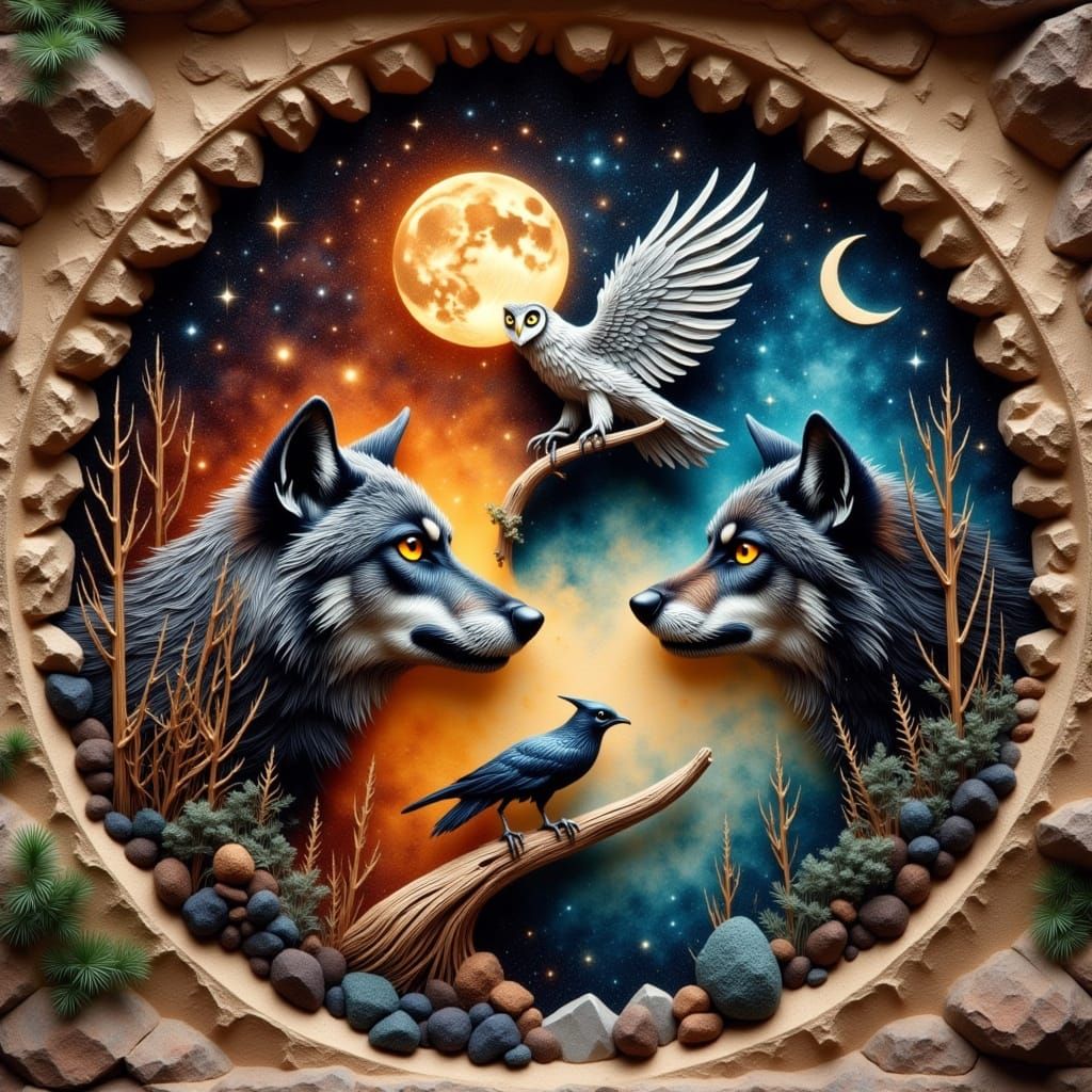 Cosmic Wolf and Owl Masterpiece in Vibrant Yin-Yang Sand Pai...