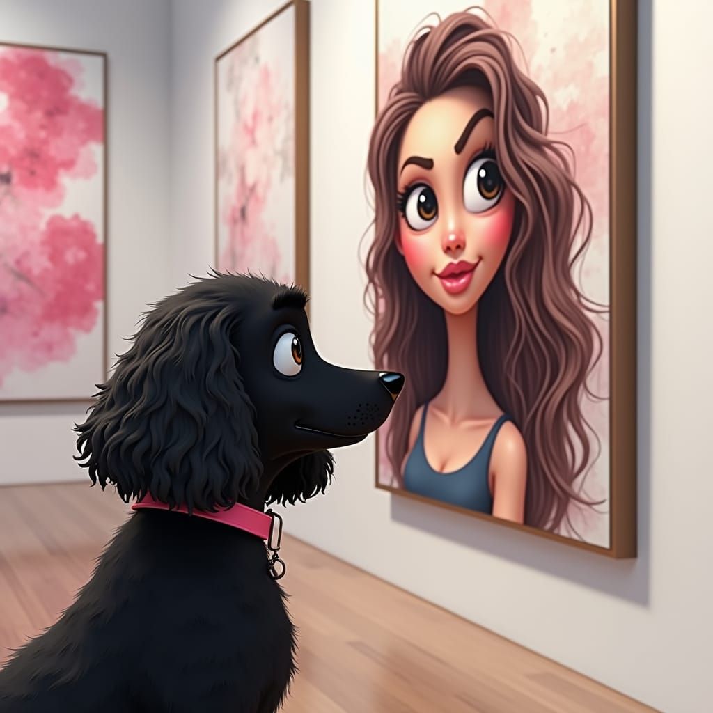 Dog Gazing at Portrait in Art Gallery