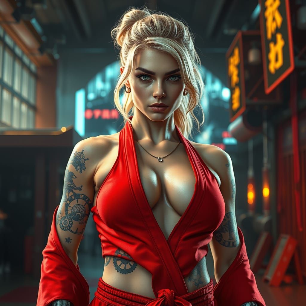Cyberpunk Woman with Clockwork Tattoos in Dojo