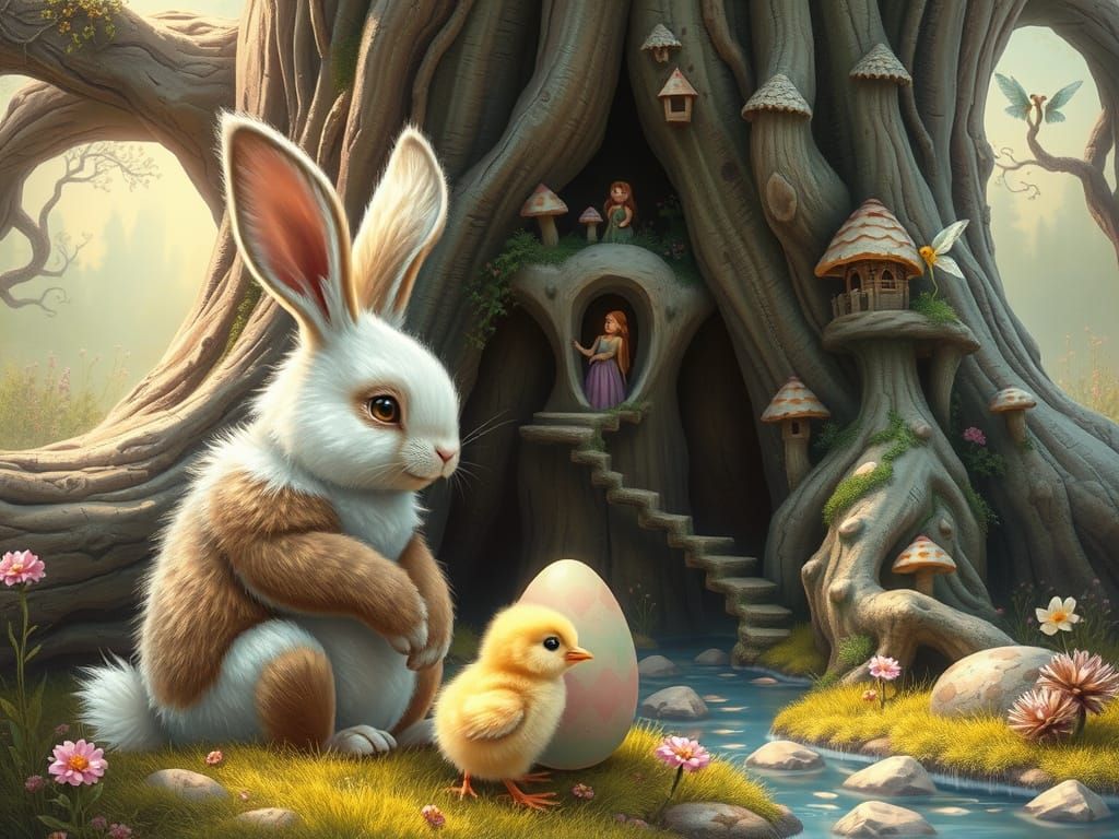 Enchanted Fairy Village with Bunny and Chick, Fantasy Art