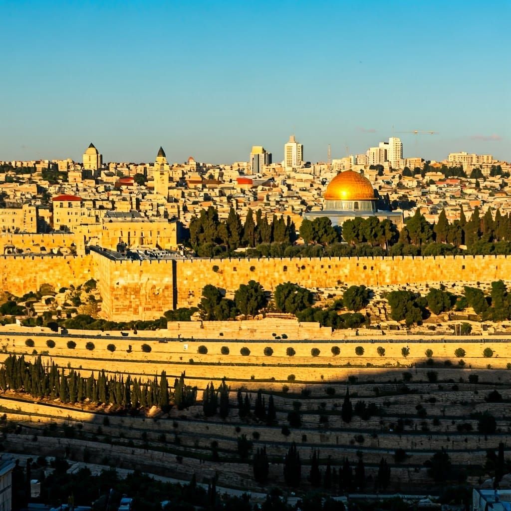 Jerusalem Skyline at Dawn: Golden Light and Ancient Stone