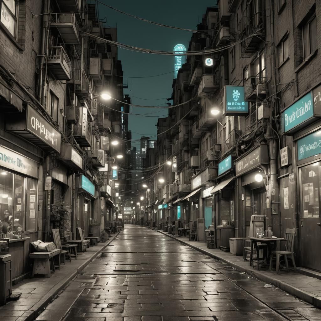 Night Cyberpunk Street Scene in Cyan and Sepia
