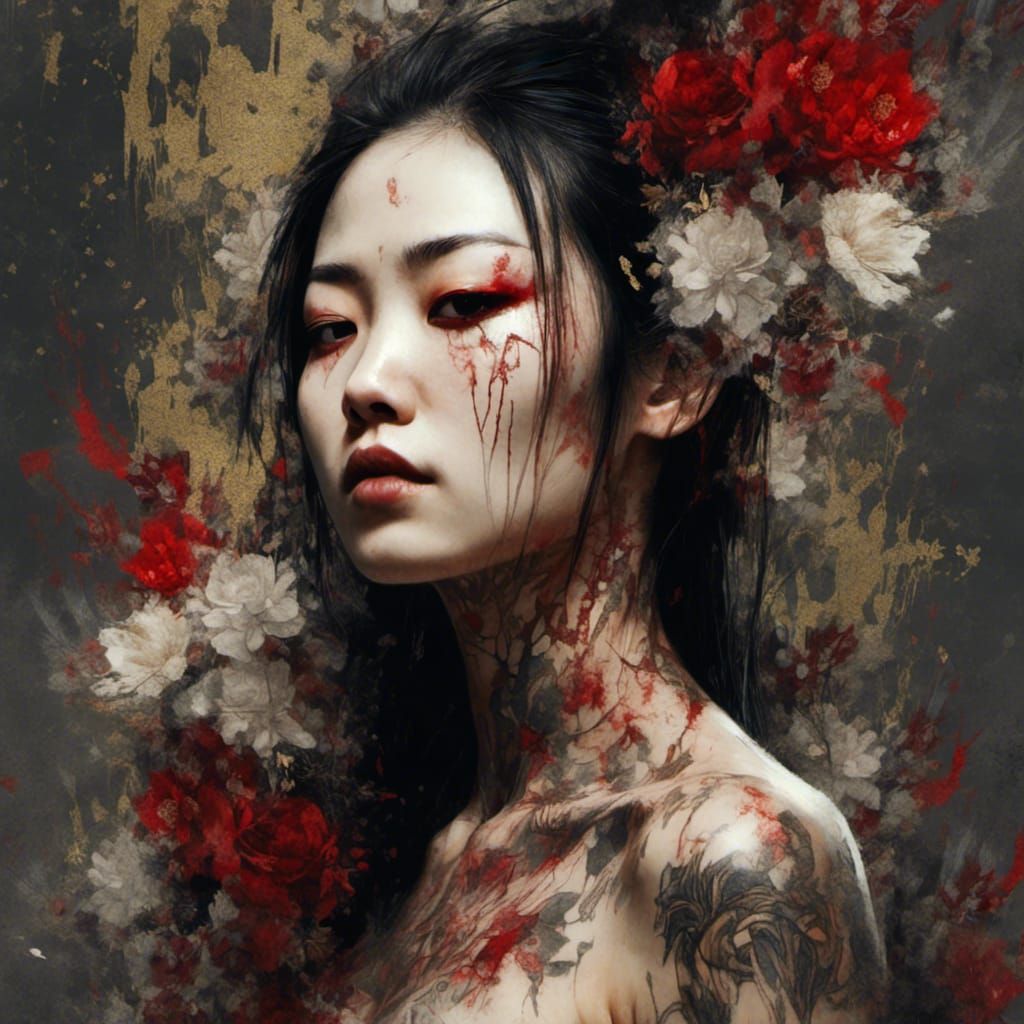 Yakuza Woman with Floral Tattoo in Digital Art