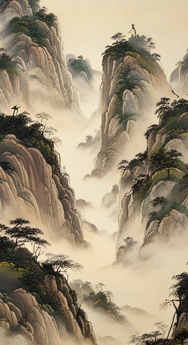 Harmonious Chinese Landscape with Cranes in Dreamlike Style