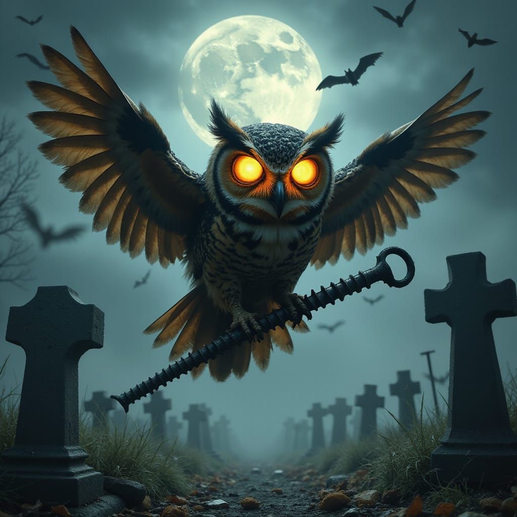 Creepy Gothic Owl in Moonlit Graveyard