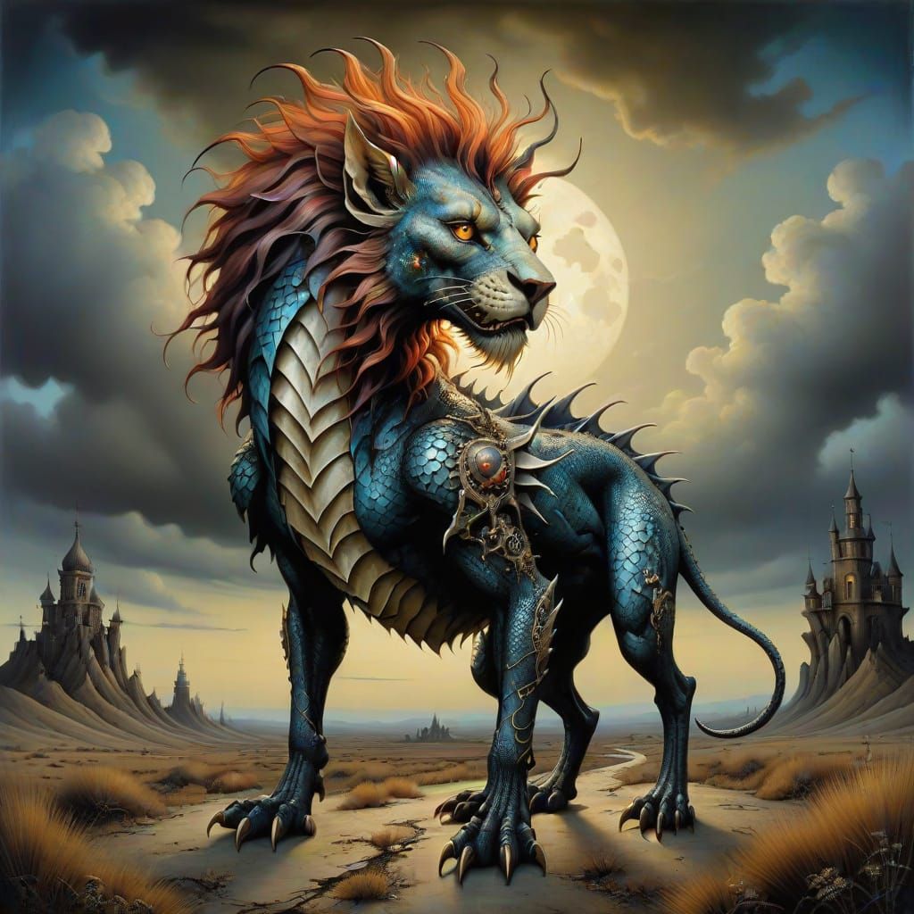 Gothic Dragon-Lion Hybrid in Surreal Landscape