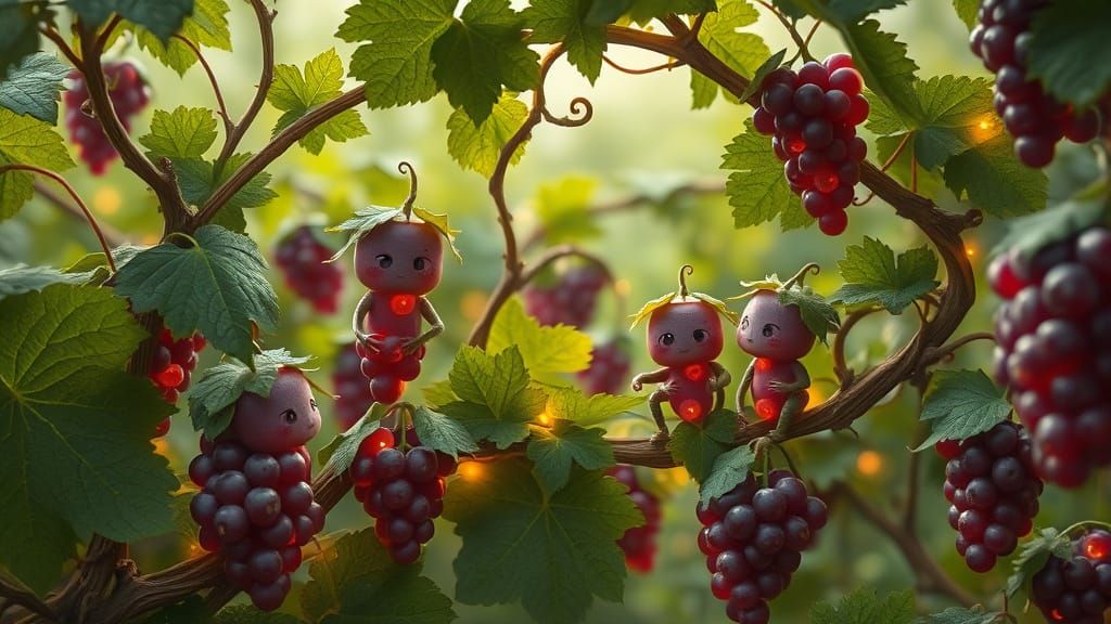 Whimsical Grape Creatures Tend Vines in Lush Vineyard