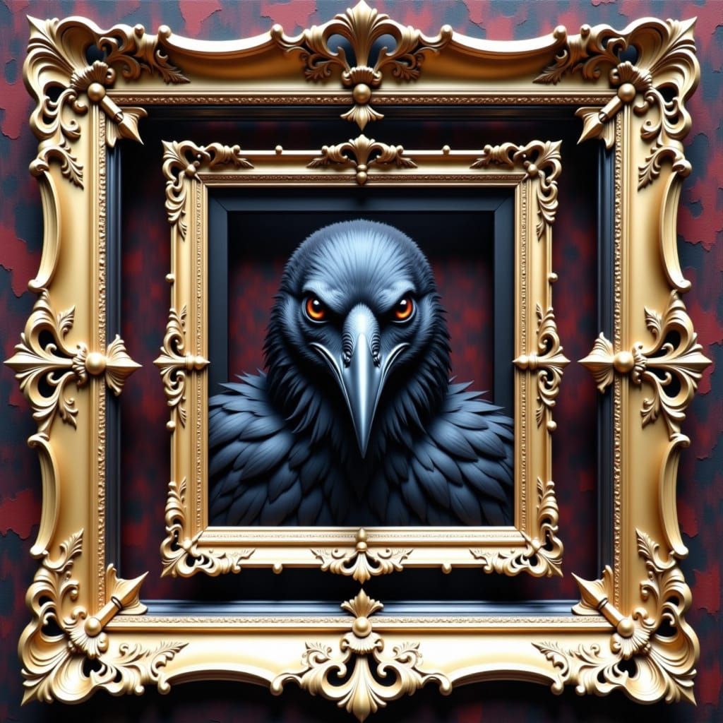 Recursive Raven Portrait in Ornate Baroque Frames