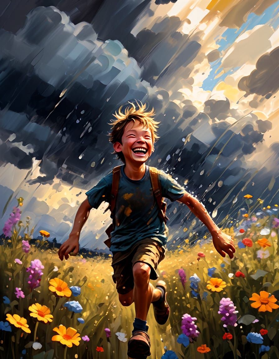 Chibi Boy Runs in Summer Rain: Fantasy Oil Painting
