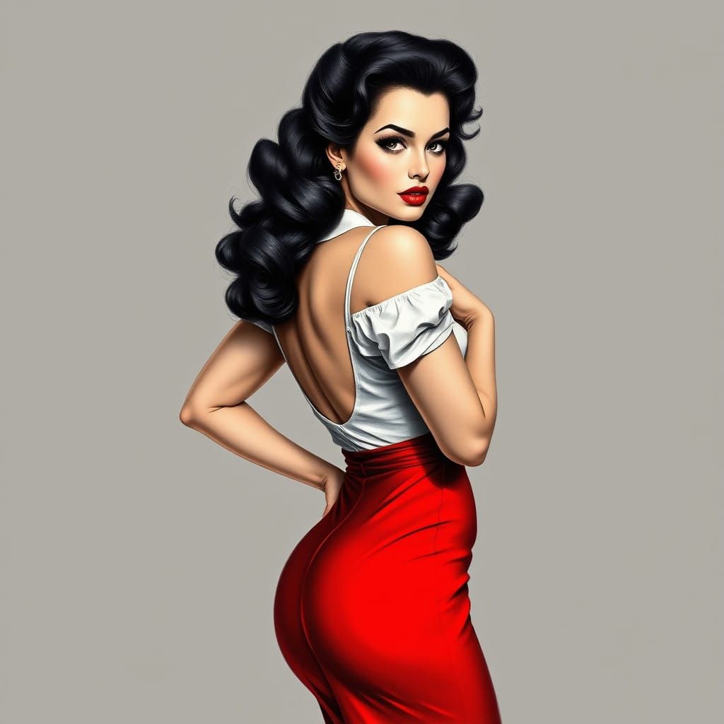 Vixen in Classic Pin-Up Attire, Rendered in Charcoal Realism
