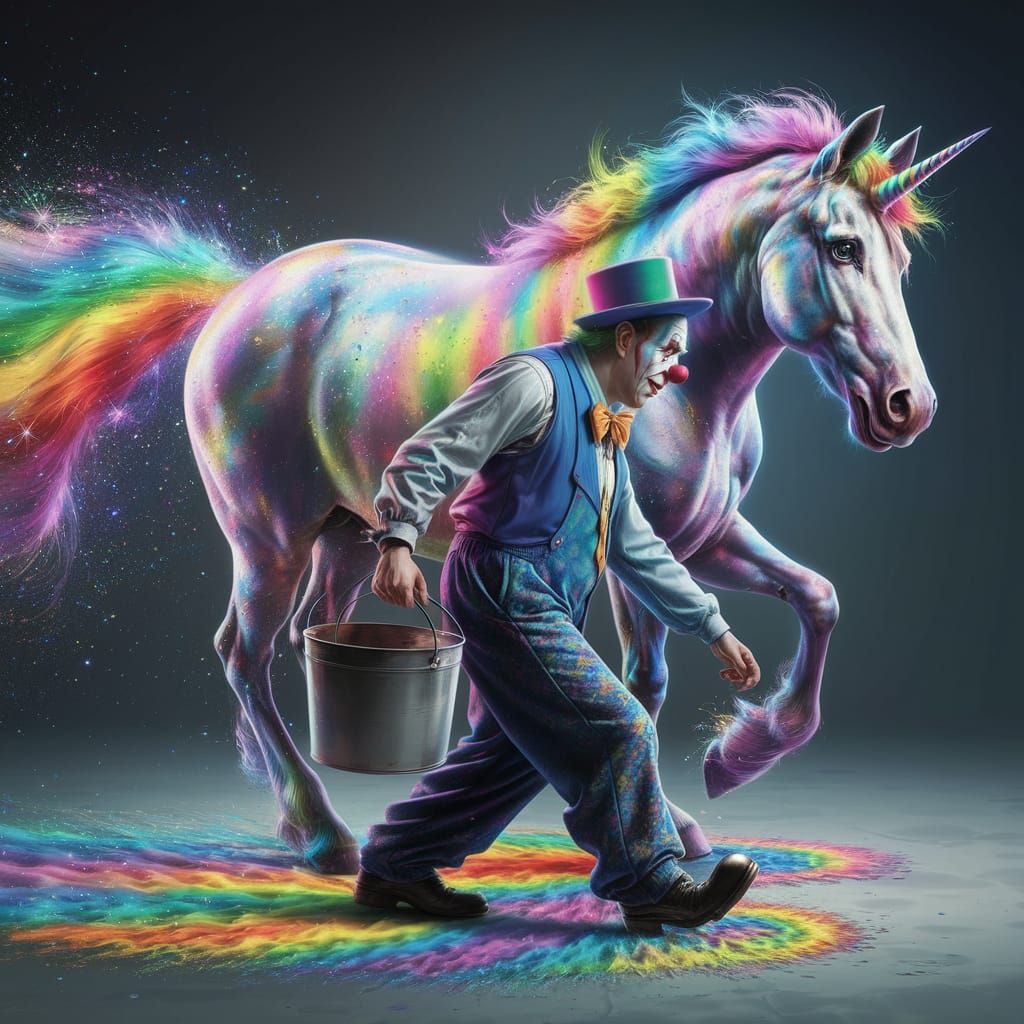 Sorrowful Clown Trailing Behind Rainbow Unicorn in Joyful, C...