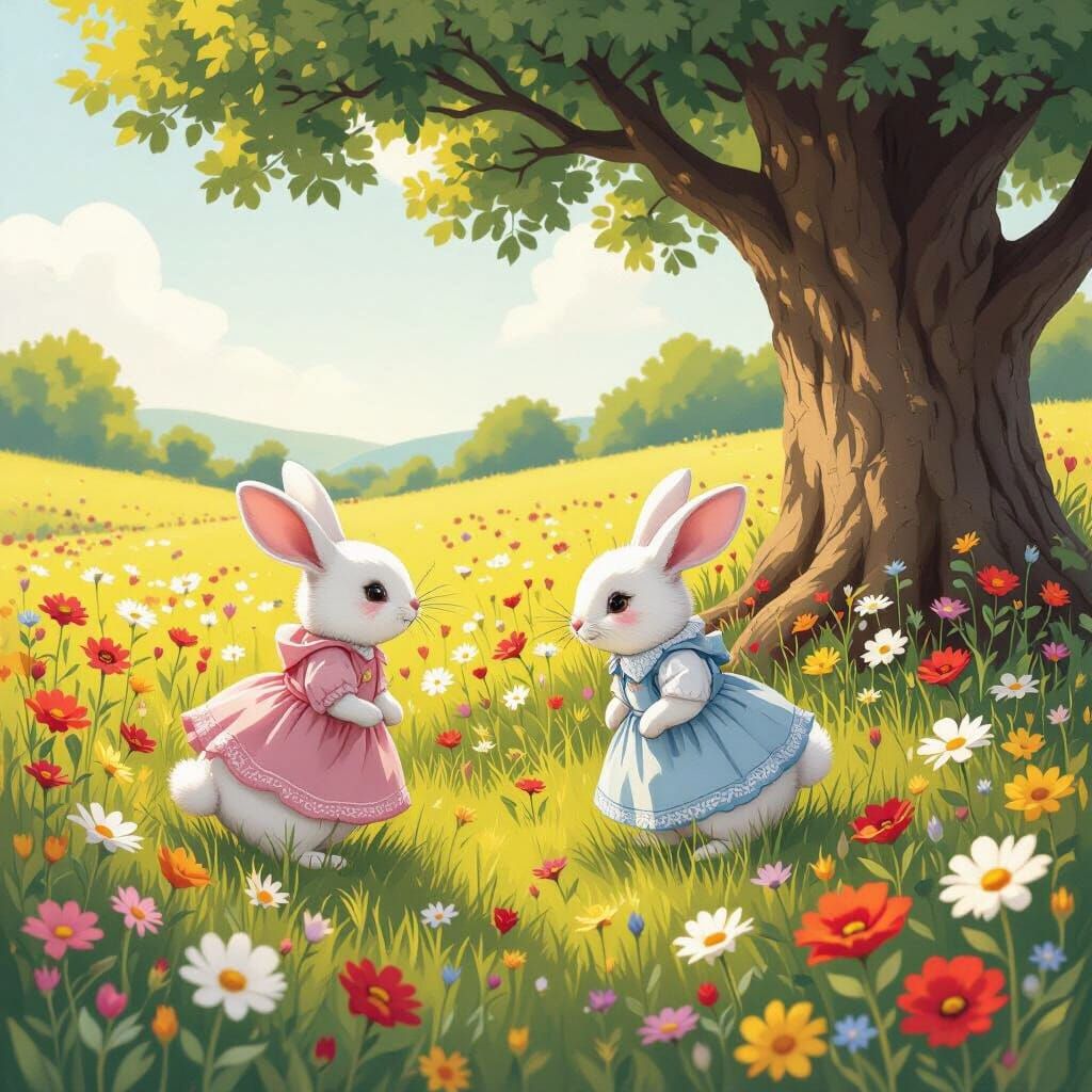 Rabbits in a Sunny Meadow, Whimsical Art Style