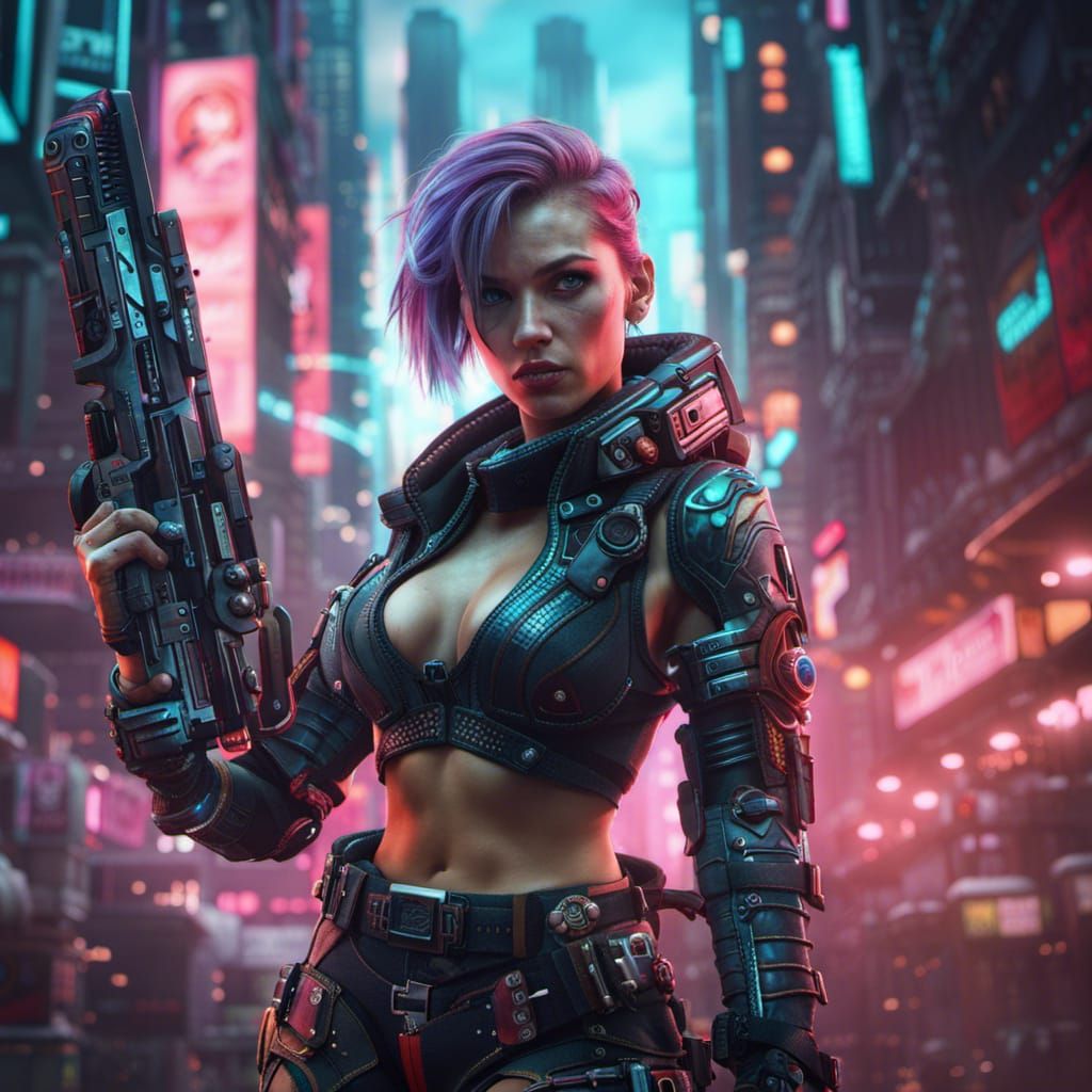 Cyberpunk Warrior Girl with Laser Gun, Detailed Digital Art