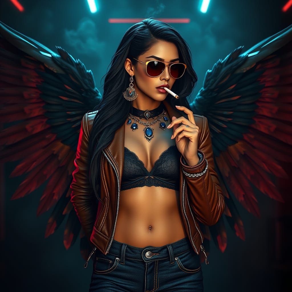 Sultry Mesopotamian Goddess with Dark Wings and Neon Ambianc...